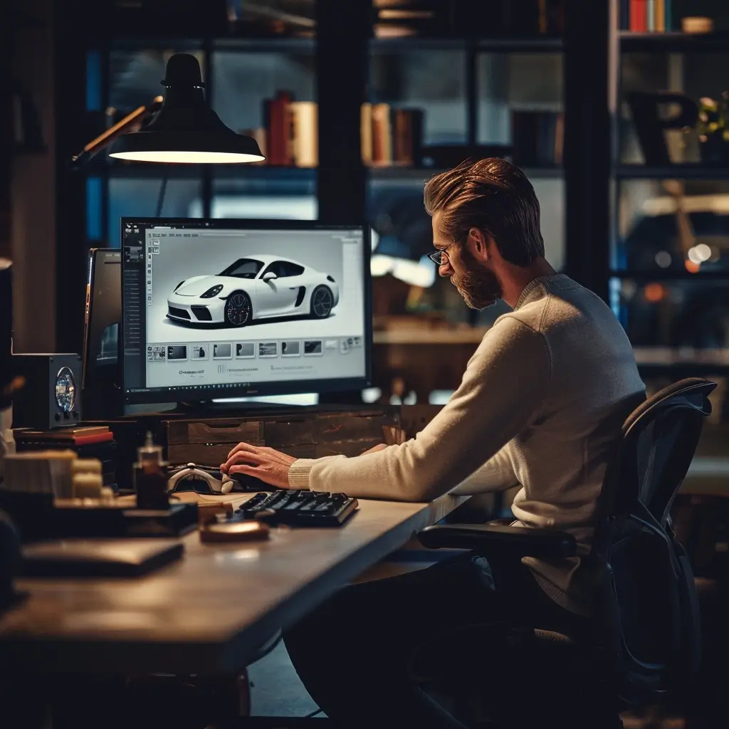 Man working at a desk dreaming about a Porsche Cayman