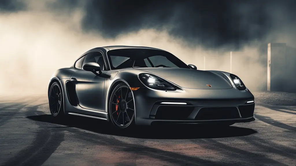 Grey 2018 Porsche Cayman S at night with tire marks around it